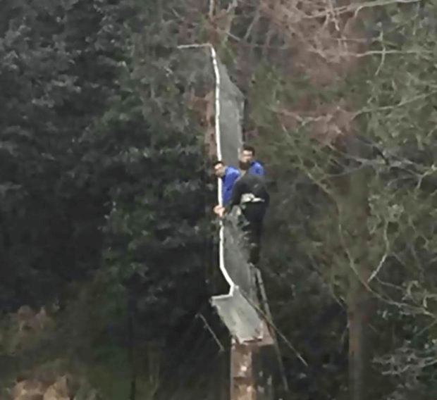 man climbing fence
